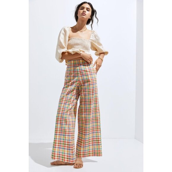 Eva Franco Pants - Anthropologie Eva Franco Linen Wide-Leg Plaid Pants Yellow Green Red
